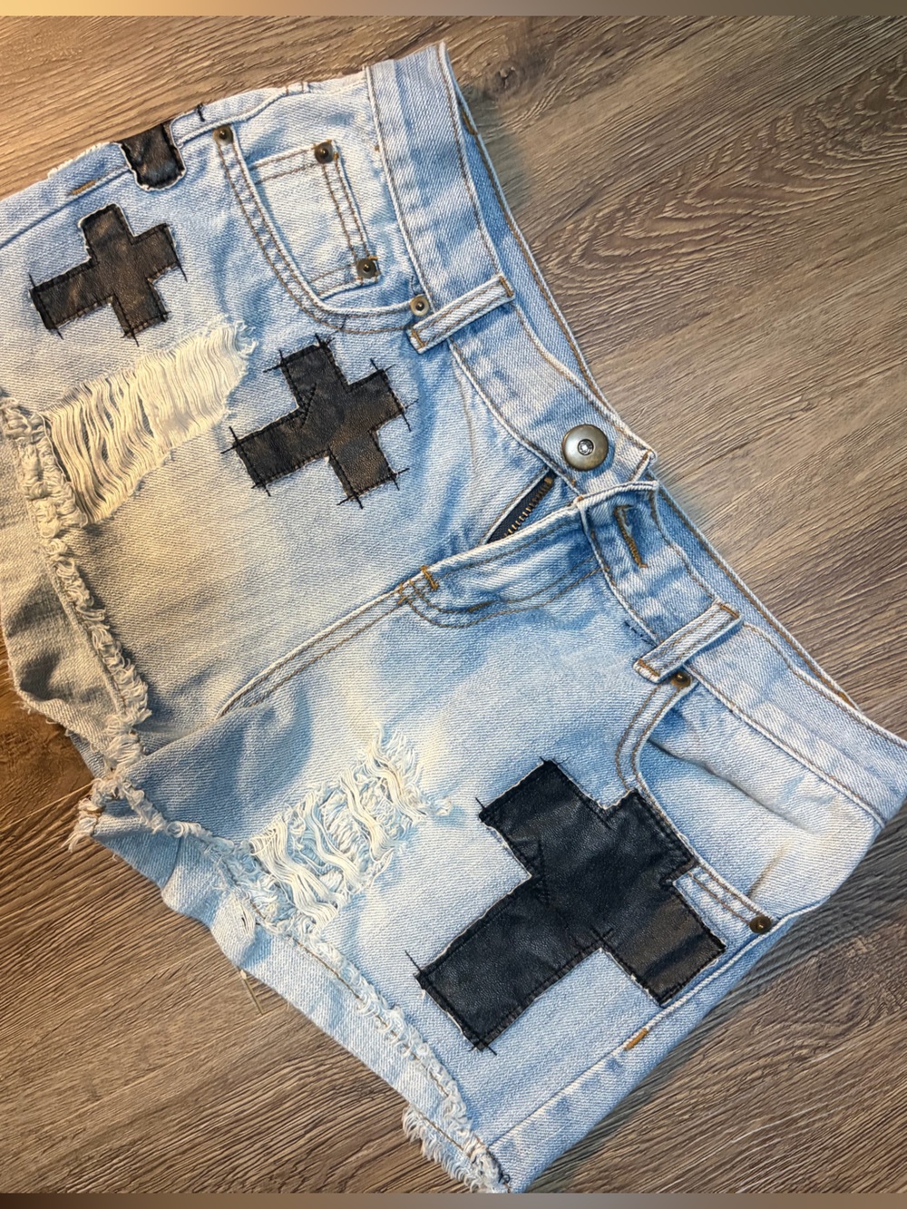 Blu Pepper Light Blue Distressed Jean Shorts with Black Cross Patches